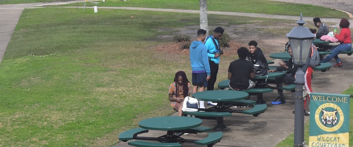 Students sitting at picknick tables